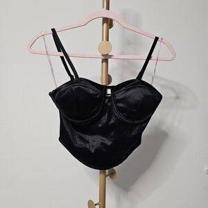 Madden NYC Womens Small Satin Bustier Bra Cup top Sleeveless black stretch.